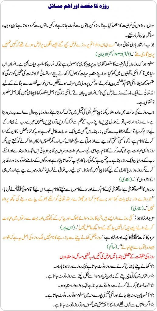 Roza Ka Maqsad Aur Aham Masail in Urdu