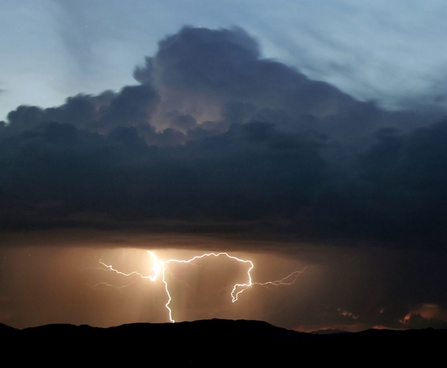 Lightning strikes near Baker, California during monsoon storm