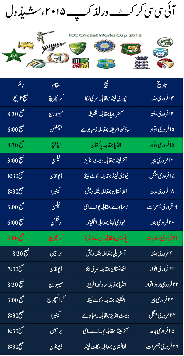 ICC Cricket World Cup 2015 Schedule Urdu